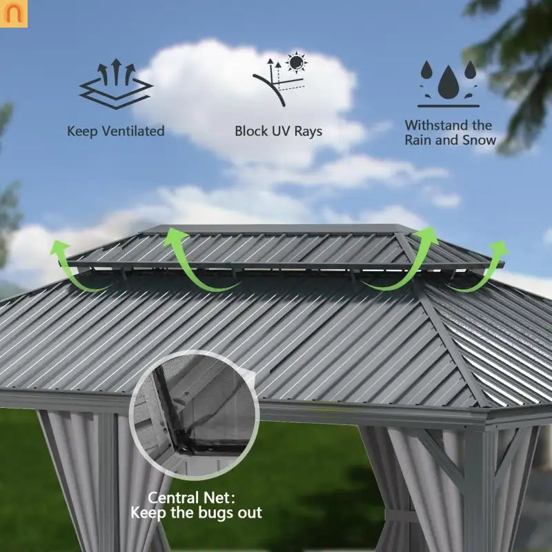 Hardtop Gazebo Steel Gray 11x13ft Curtains Netting 40MPH