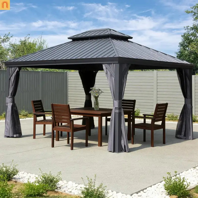 Hardtop Gazebo Steel Gray 11x13ft Curtains Netting 40MPH