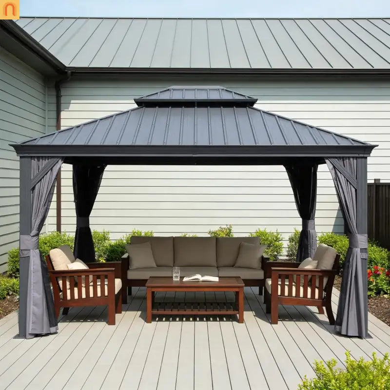 Hardtop Gazebo Steel Gray 11x13ft Curtains Netting 40MPH