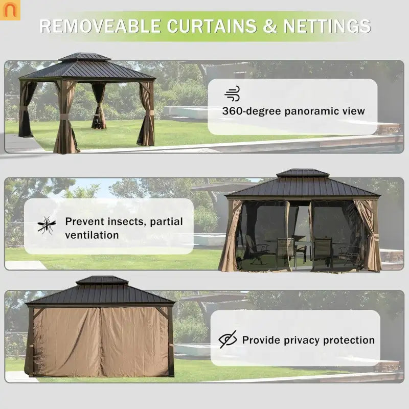 Hardtop Gazebo Steel Brown 10x13ft Curtains Netting 40MPH