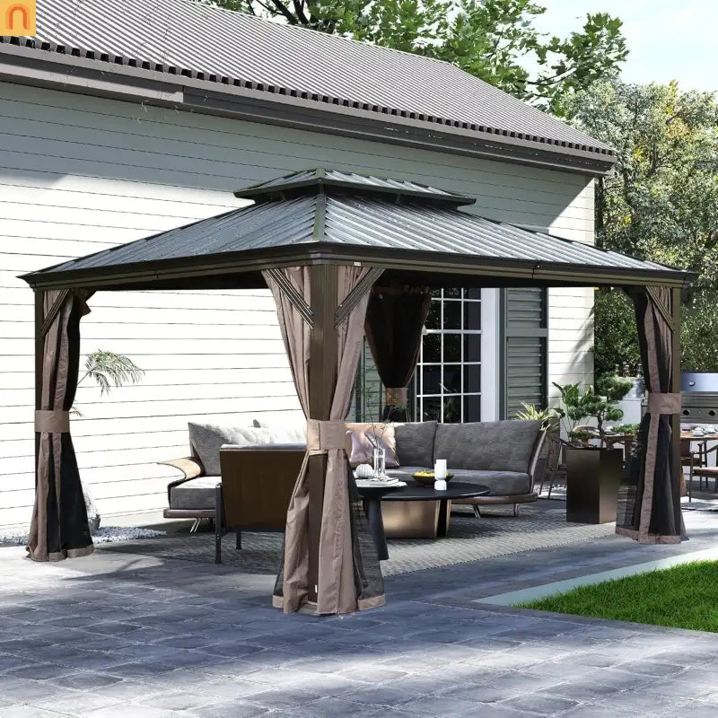 Hardtop Gazebo Steel Brown 10x13ft Curtains Netting 40MPH