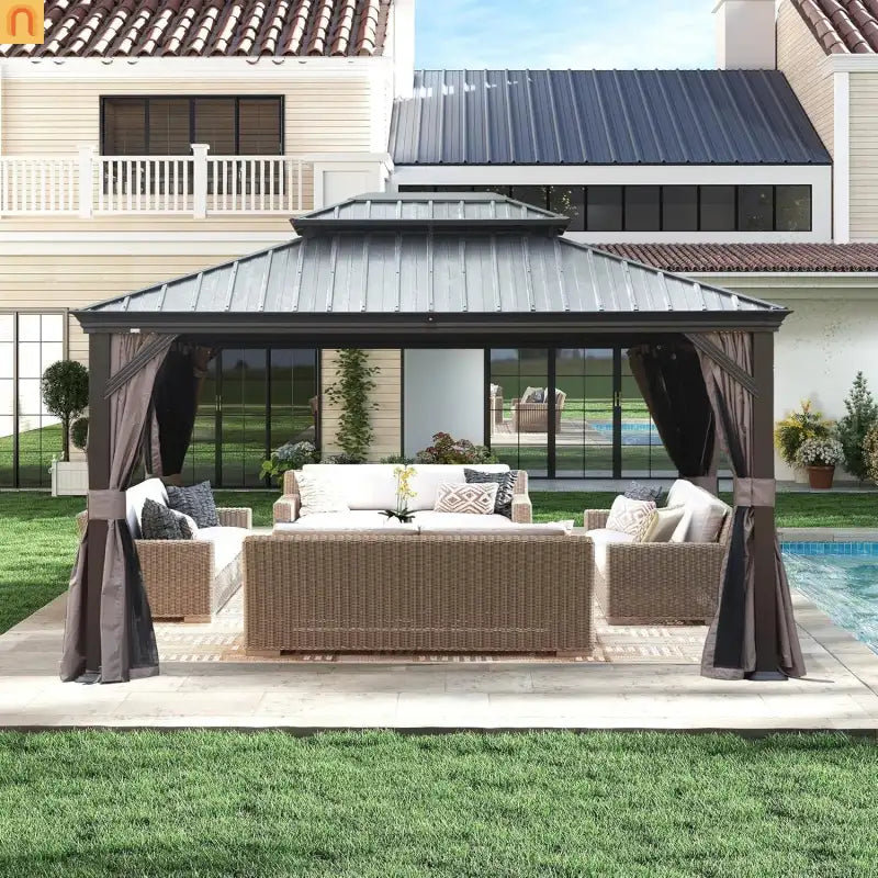 Hardtop Gazebo Steel Brown 10x13ft Curtains Netting 40MPH
