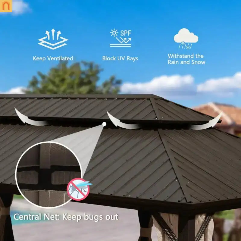 Hardtop Gazebo Aluminum Brown 14x22ft Galvanized Steel Double Canopy