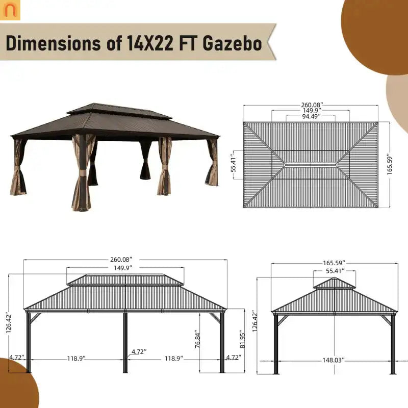 Hardtop Gazebo Aluminum Brown 14x22ft Galvanized Steel Double Canopy