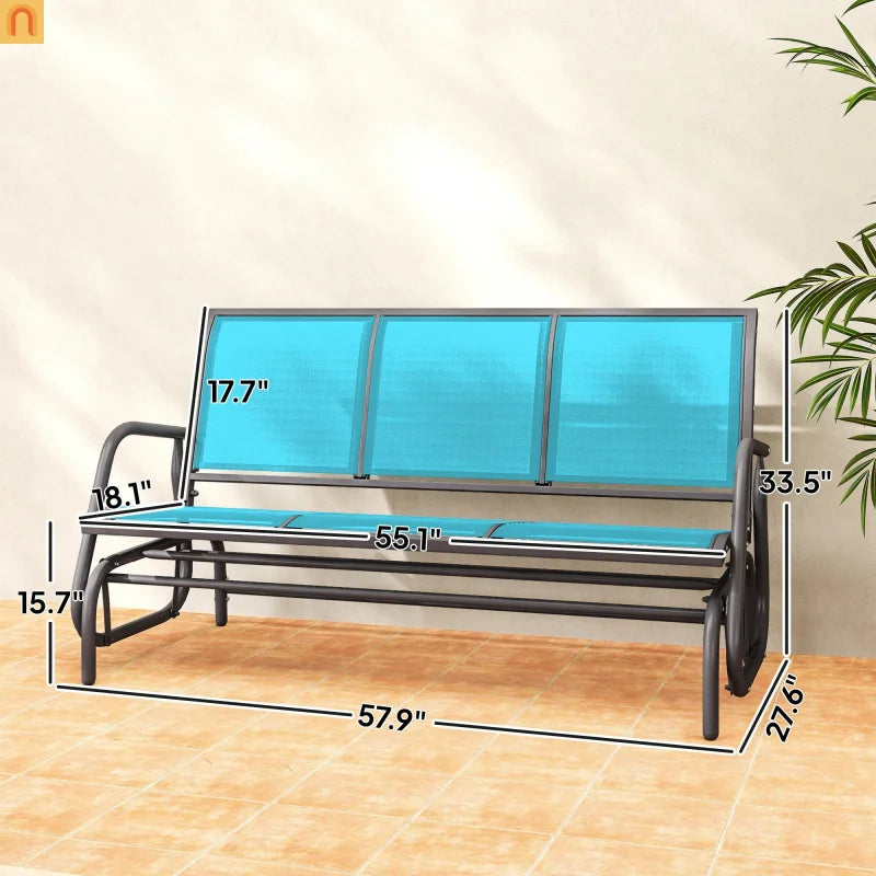 Outdoor Glider Bench 3 Seat Mesh Fabric Metal Frame Blue Gray 660 lb Cap