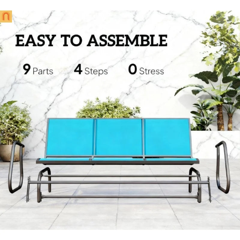 Outdoor Glider Bench 3 Seat Mesh Fabric Metal Frame Blue Gray 660 lb Cap
