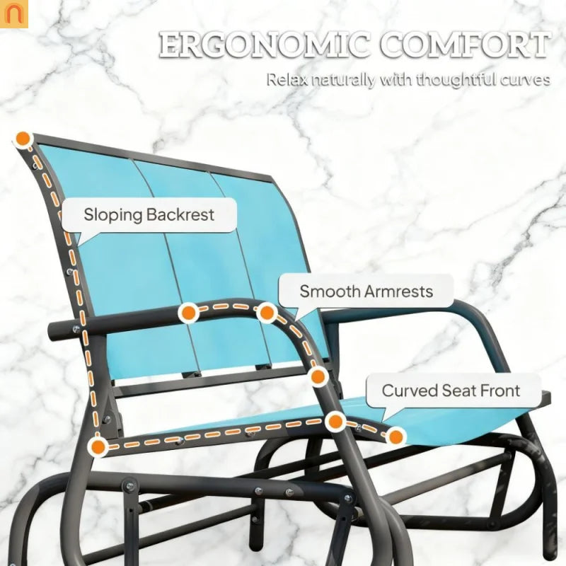 Outdoor Glider Bench 3 Seat Mesh Fabric Metal Frame Blue Gray 660 lb Cap