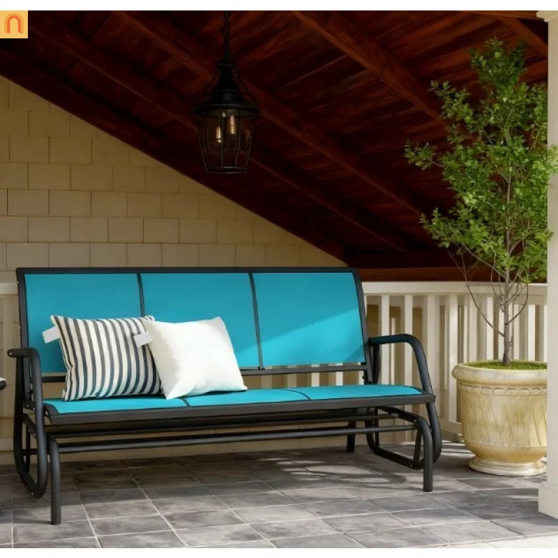 Outdoor Glider Bench 3 Seat Mesh Fabric Metal Frame Blue Gray 660 lb Cap