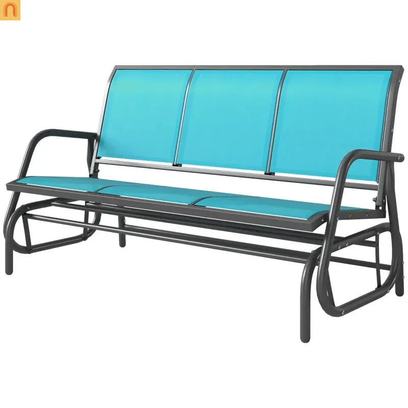 Outdoor Glider Bench 3 Seat Mesh Fabric Metal Frame Blue Gray 660 lb Cap