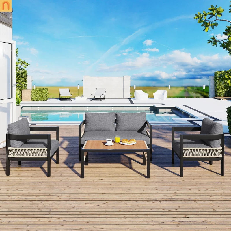 Outdoor Sofa Set Iron PE Wicker Gray Side Table