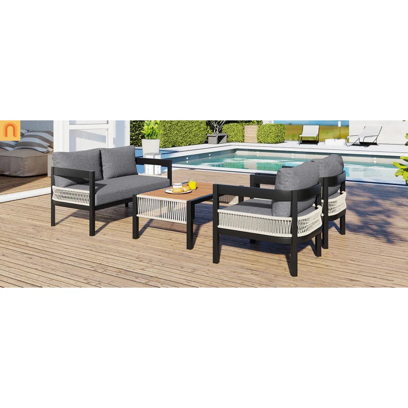 Outdoor Sofa Set Iron PE Wicker Gray Side Table