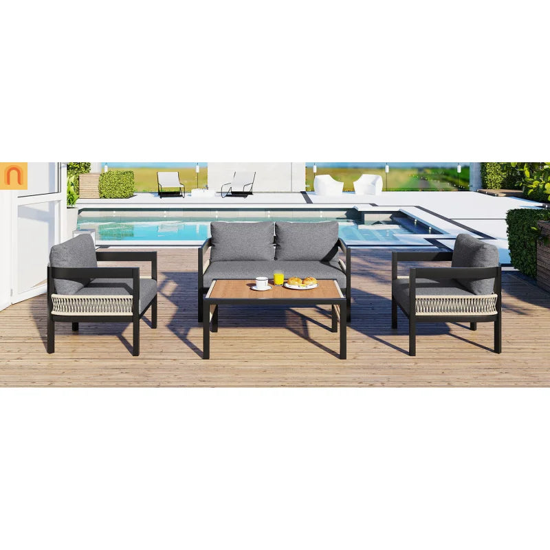 Outdoor Sofa Set Iron PE Wicker Gray Side Table