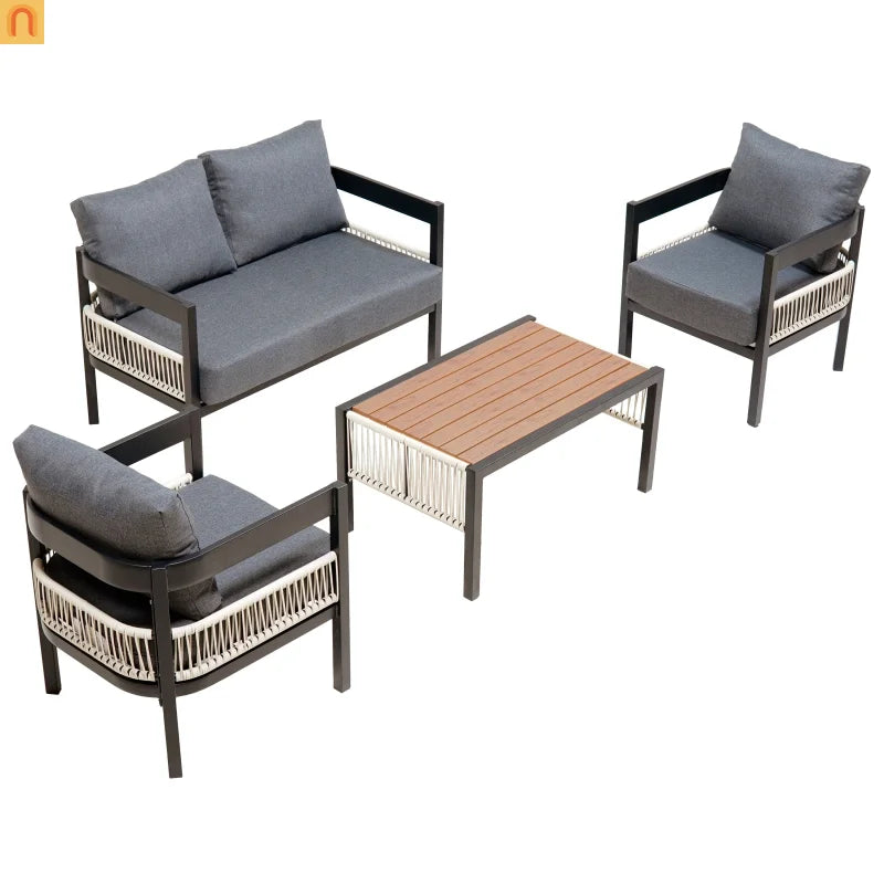 Outdoor Sofa Set Iron PE Wicker Gray Side Table