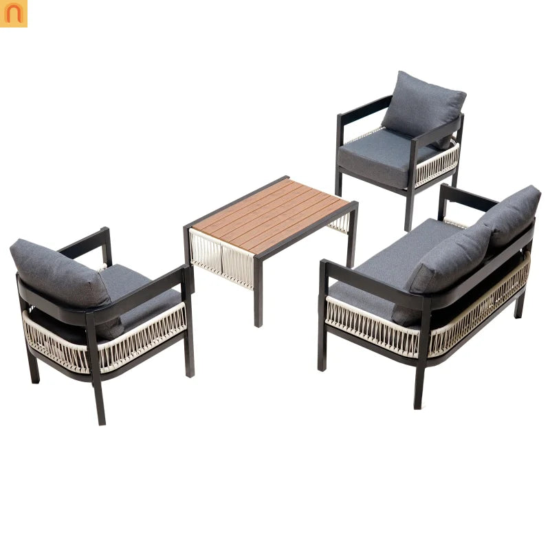 Outdoor Sofa Set Iron PE Wicker Gray Side Table