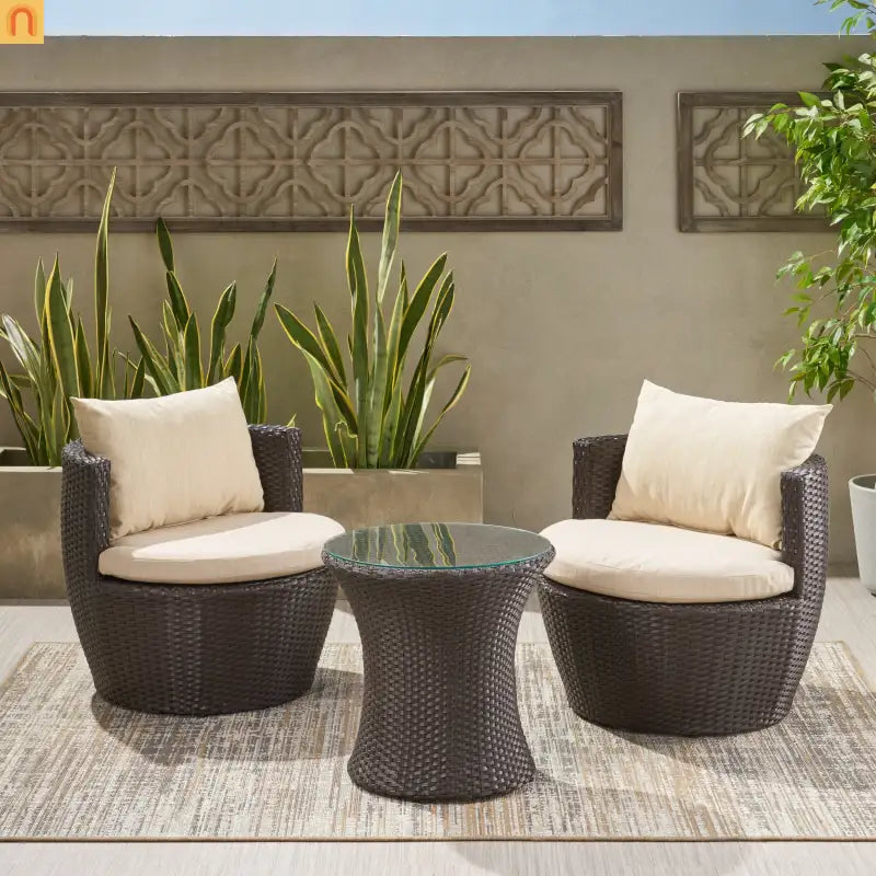 Outdoor Chat Set Wicker Brown Aluminum 3-Piece No Assembly