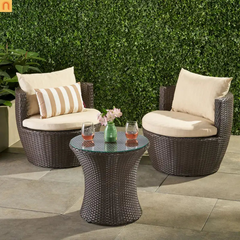 Outdoor Chat Set Wicker Brown Aluminum 3-Piece No Assembly