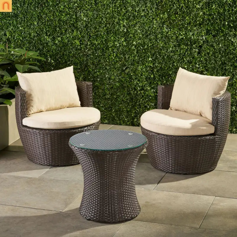 Outdoor Chat Set Wicker Brown Aluminum 3-Piece No Assembly