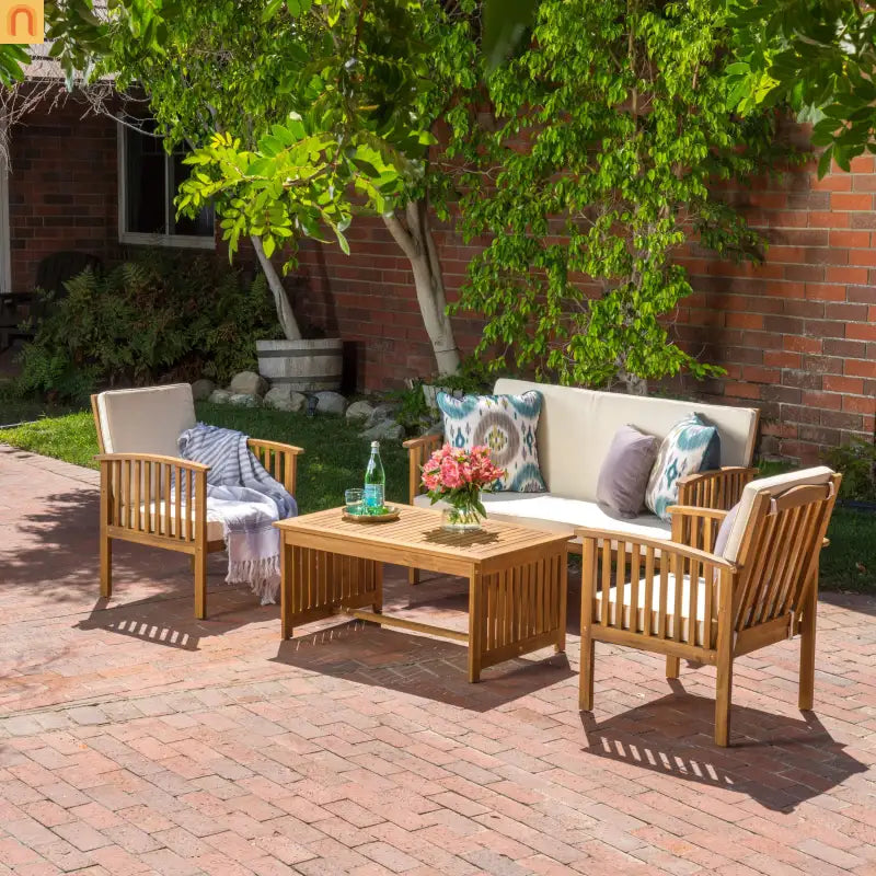 Outdoor Conversation Set Acacia Wood Brown 4 Piece with Cushions
