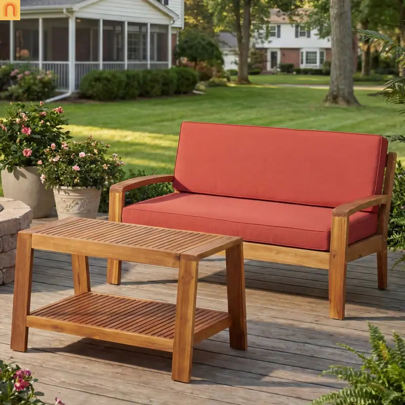 Outdoor Conversation Set Acacia Wood Teak Red Cushions 2-Piece