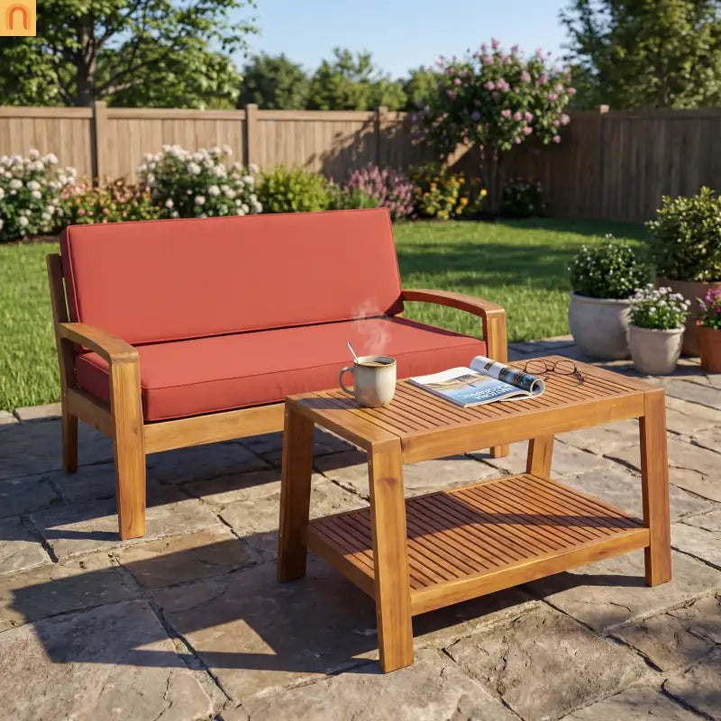 Outdoor Conversation Set Acacia Wood Teak Red Cushions 2-Piece