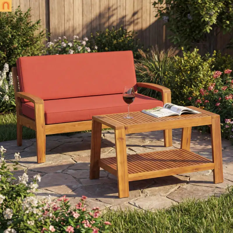 Outdoor Conversation Set Acacia Wood Teak Red Cushions 2-Piece