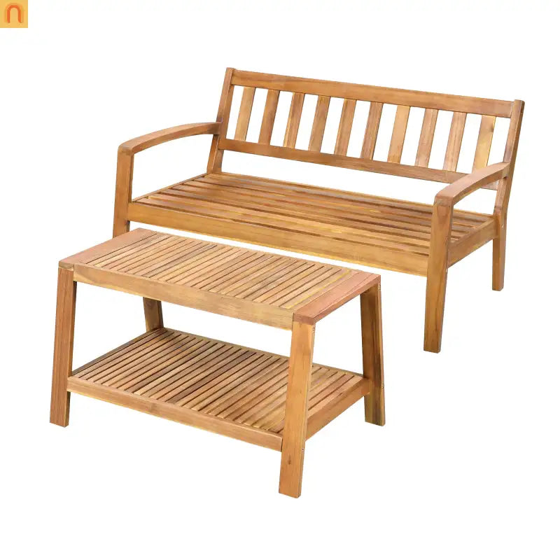 Outdoor Conversation Set Acacia Wood Teak Red Cushions 2-Piece