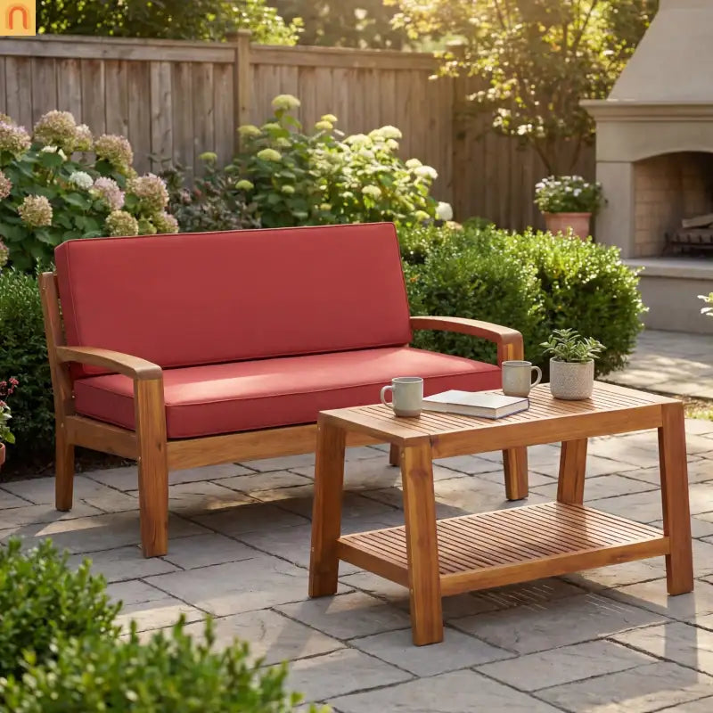 Outdoor Conversation Set Acacia Wood Teak Red Cushions 2-Piece