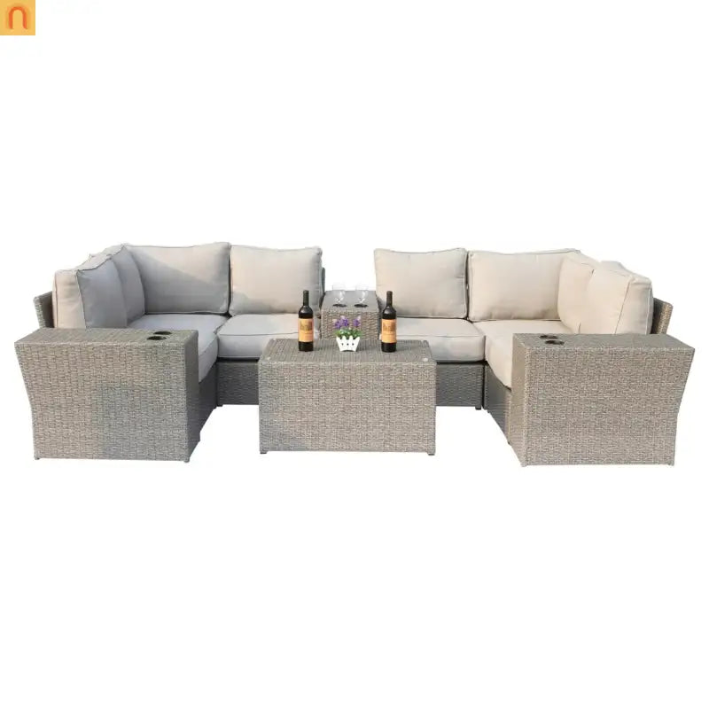 Outdoor Conversation Set Gray Wicker 10 Piece Seats 4 No Assembly