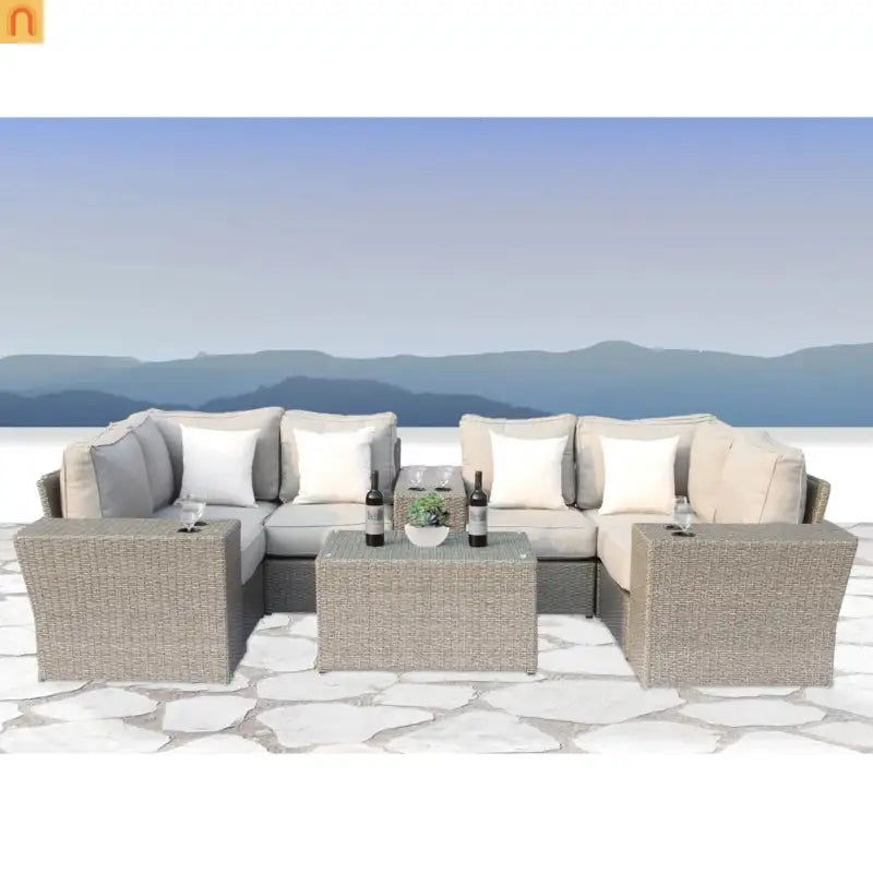 Outdoor Conversation Set Gray Wicker 10 Piece Seats 4 No Assembly