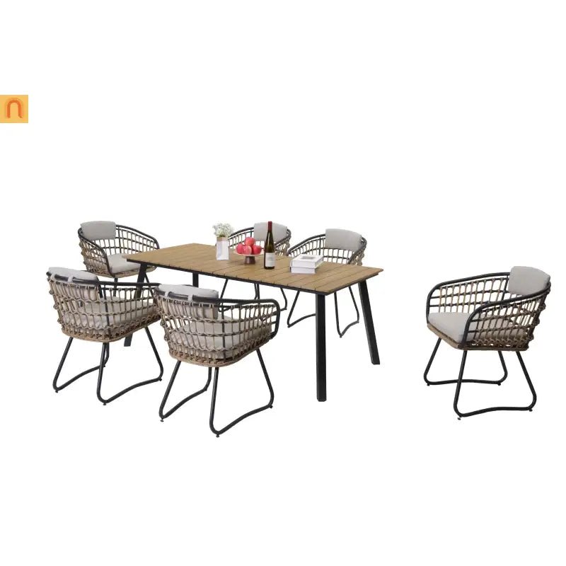Outdoor Dining Set Wicker Yellow Iron Frame Seats 6 270 lb Cap