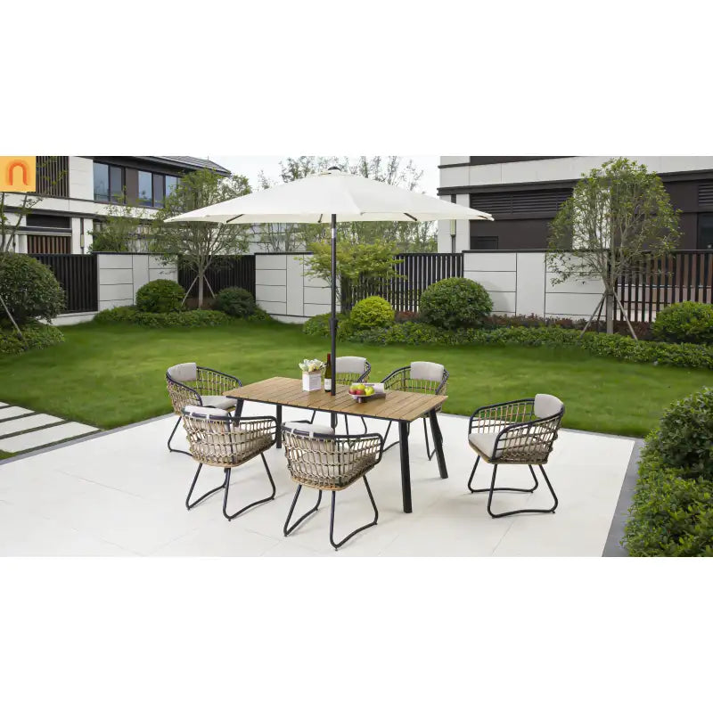 Outdoor Dining Set Wicker Yellow Iron Frame Seats 6 270 lb Cap