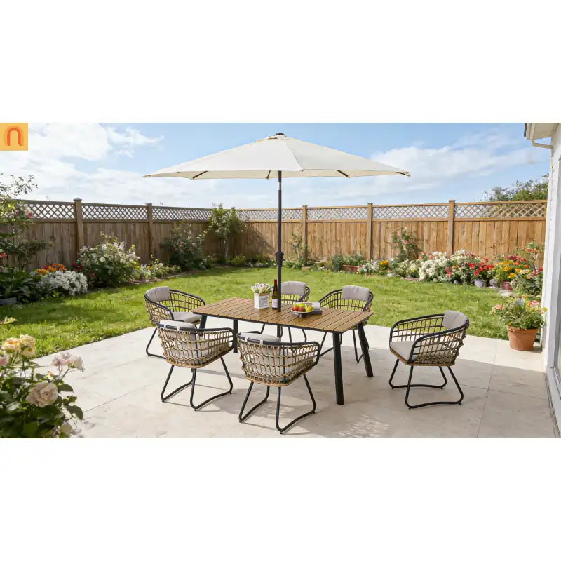 Outdoor Dining Set Wicker Yellow Iron Frame Seats 6 270 lb Cap
