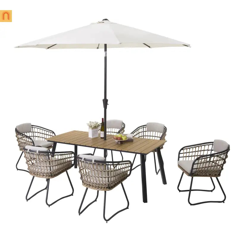 Outdoor Dining Set Wicker Yellow Iron Frame Seats 6 270 lb Cap