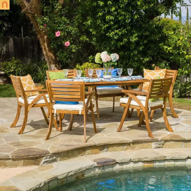 Outdoor Dining Set Acacia Wood Teak 7 Piece Seats 6