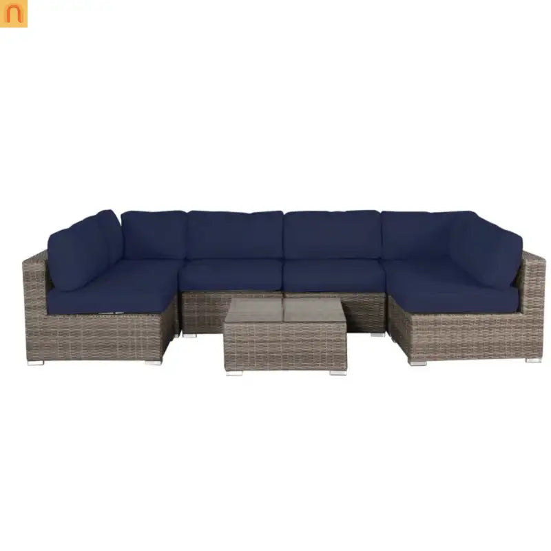 Outdoor Sectional Set Wicker Gray Navy Cushions 7 Piece Seats 6