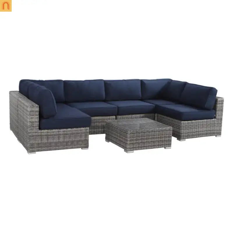 Outdoor Sectional Set Wicker Gray Navy Cushions 7 Piece Seats 6