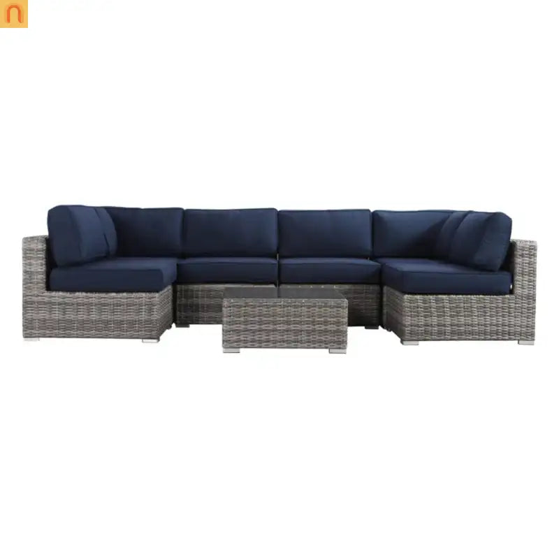 Outdoor Sectional Set Wicker Gray Navy Cushions 7 Piece Seats 6