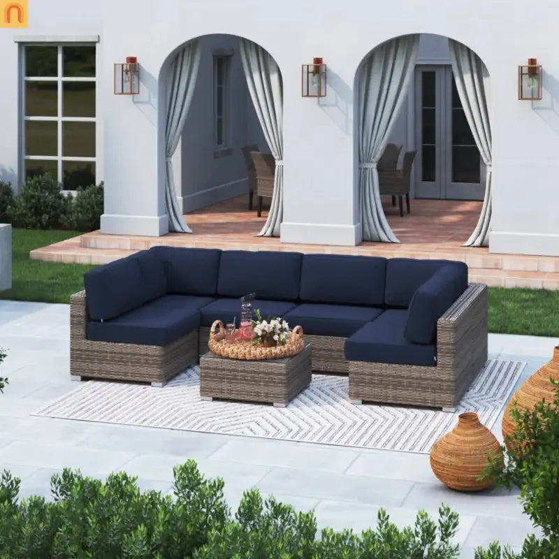 Outdoor Sectional Set Wicker Gray Navy Cushions 7 Piece Seats 6