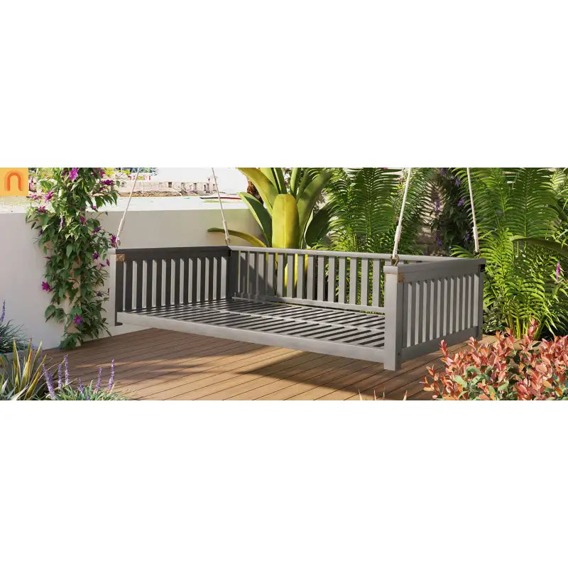Outdoor Swing Bed Acacia Wood Gray 2-Person 350 lb Cap 79in
