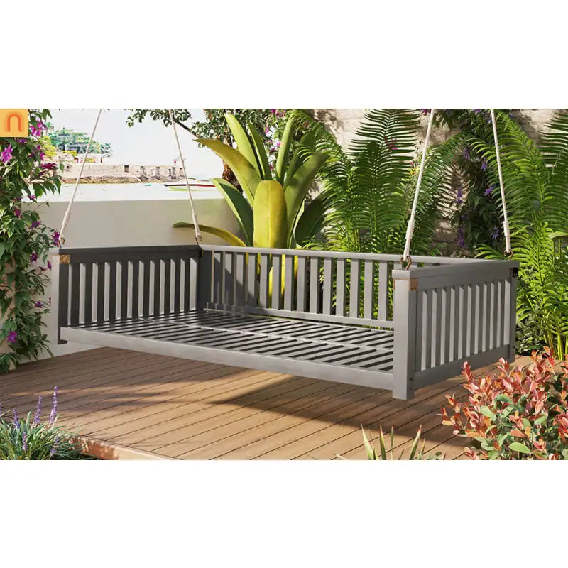 Outdoor Swing Bed Acacia Wood Gray 2-Person 350 lb Cap 79in