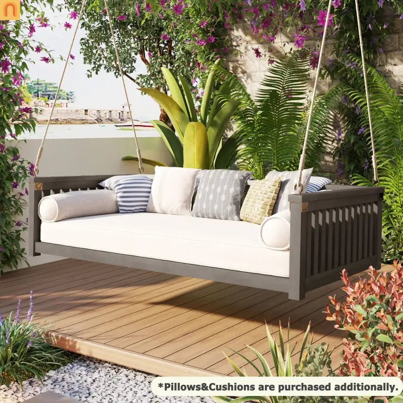 Outdoor Swing Bed Acacia Wood Gray 2-Person 350 lb Cap 79in