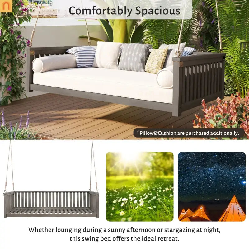 Outdoor Swing Bed Acacia Wood Gray 2-Person 350 lb Cap 79in