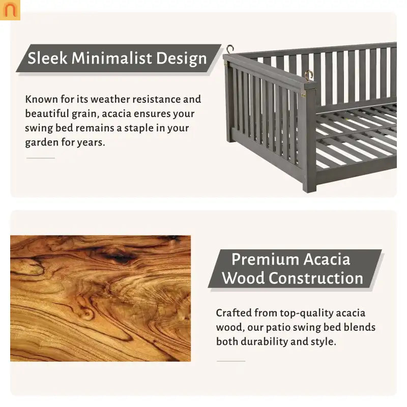 Outdoor Swing Bed Acacia Wood Gray 2-Person 350 lb Cap 79in
