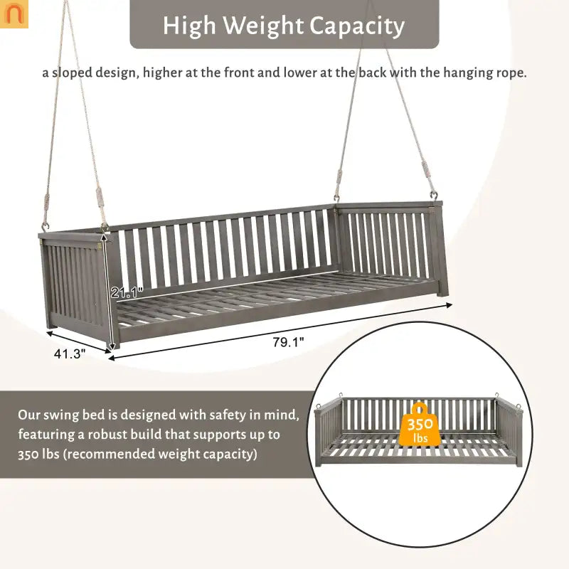 Outdoor Swing Bed Acacia Wood Gray 2-Person 350 lb Cap 79in