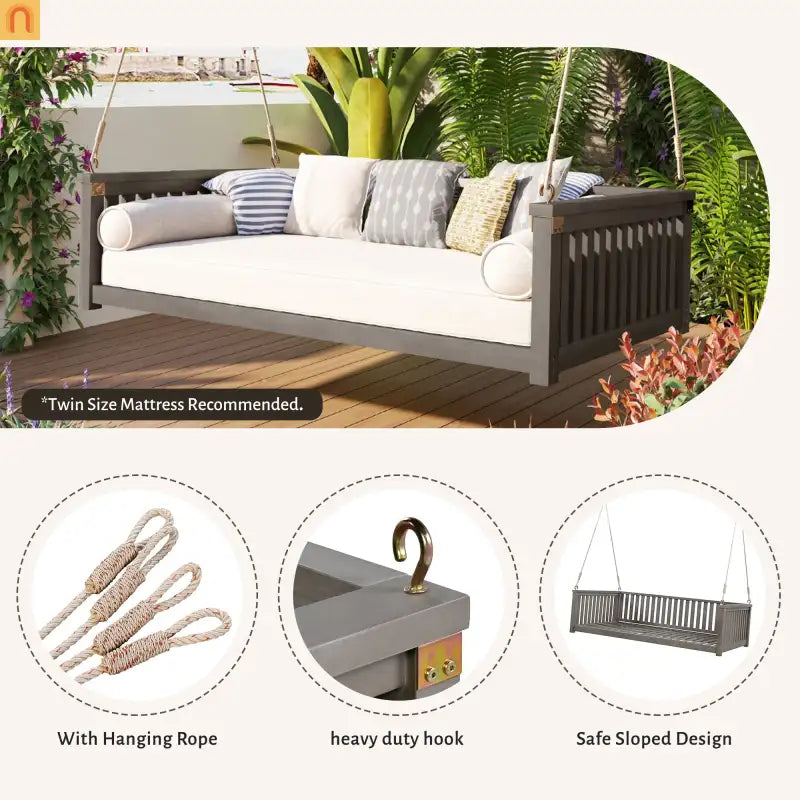 Outdoor Swing Bed Acacia Wood Gray 2-Person 350 lb Cap 79in