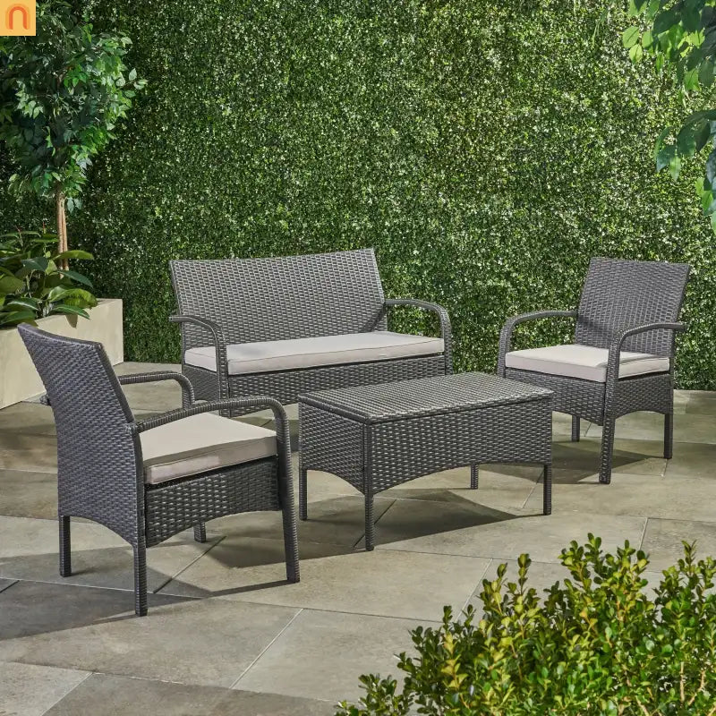 Outdoor Chat Set PE Rattan Gray 4-Piece Waterproof Cushions