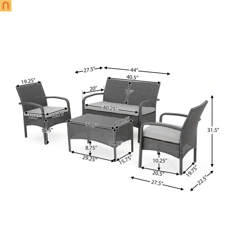 Outdoor Chat Set PE Rattan Gray 4-Piece Waterproof Cushions