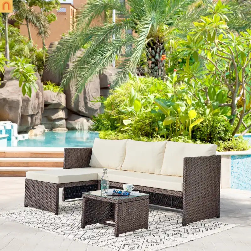 Outdoor Sectional Set PVC Rattan Brown Tan 3-Piece Chaise Table