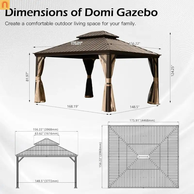 Outdoor Gazebo Hardtop Steel Brown 13x15ft Curtains Netting