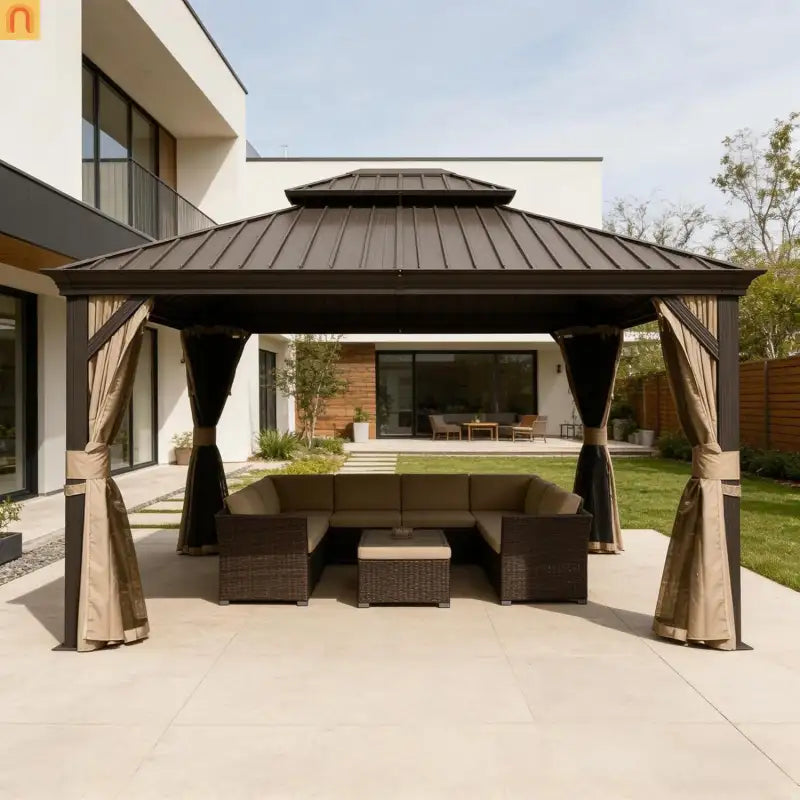 Outdoor Gazebo Hardtop Steel Brown 13x15ft Curtains Netting